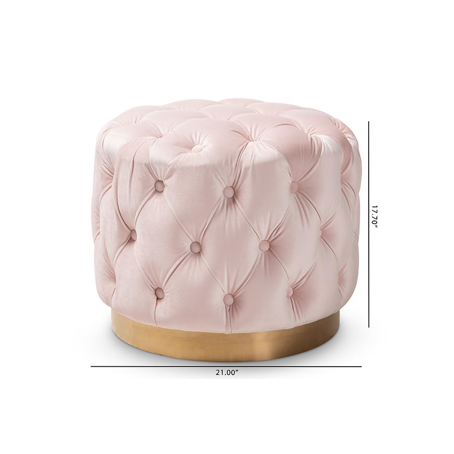 Baxton Studio Valeria Glam Light Pink Velvet Fabric Upholstered Gold-Finished Button Tufted Ottoman. Picture 6