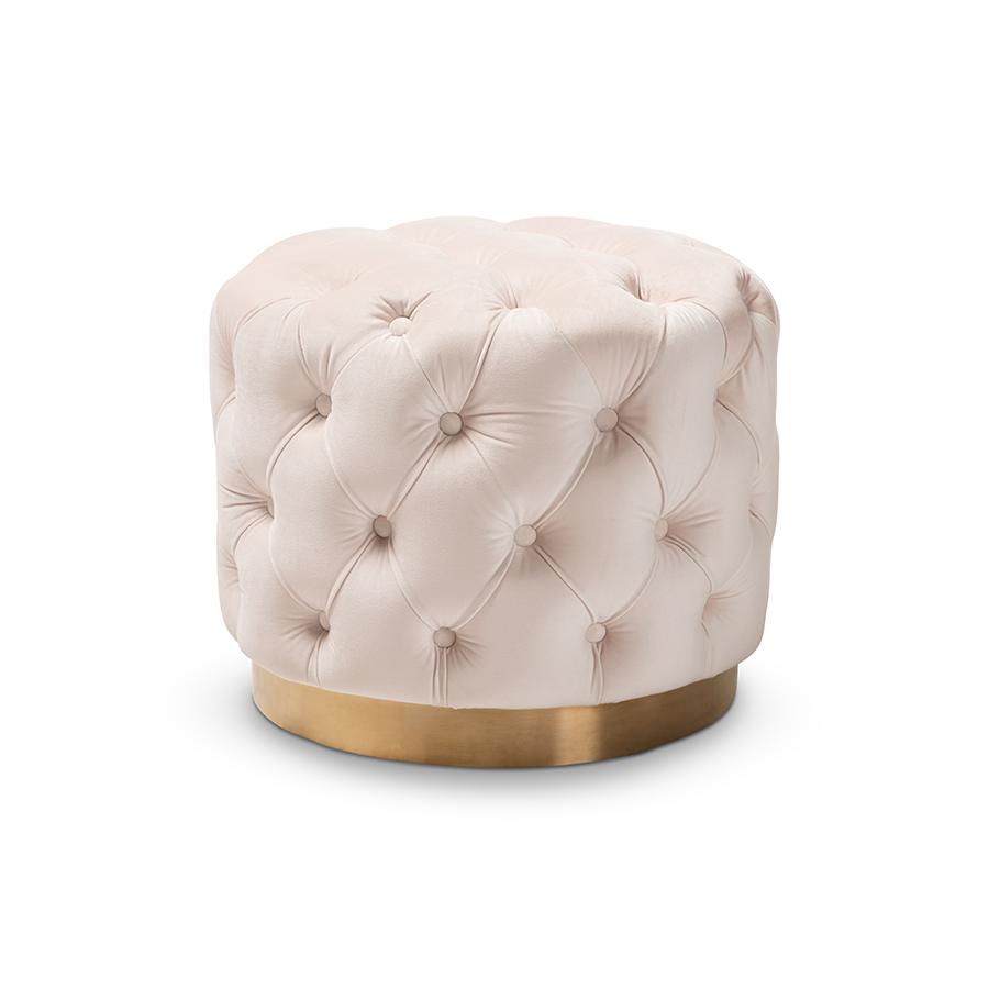 Baxton Studio Valeria Glam Light Beige Velvet Fabric Upholstered Gold-Finished Button Tufted Ottoman. Picture 2