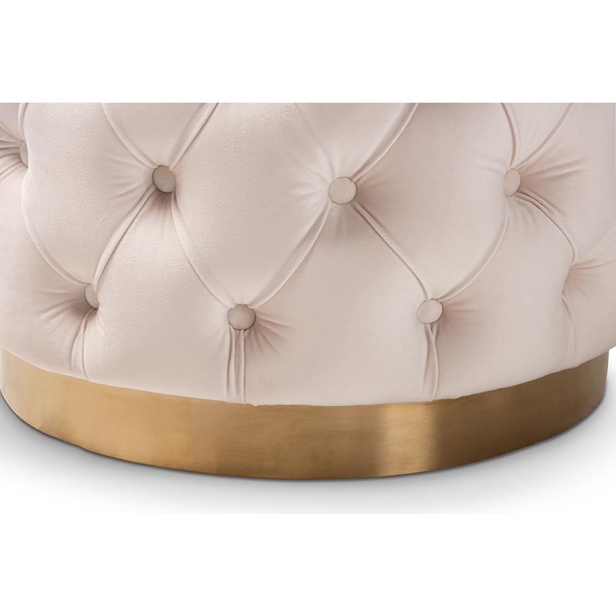 Baxton Studio Valeria Glam Light Beige Velvet Fabric Upholstered Gold-Finished Button Tufted Ottoman. Picture 3