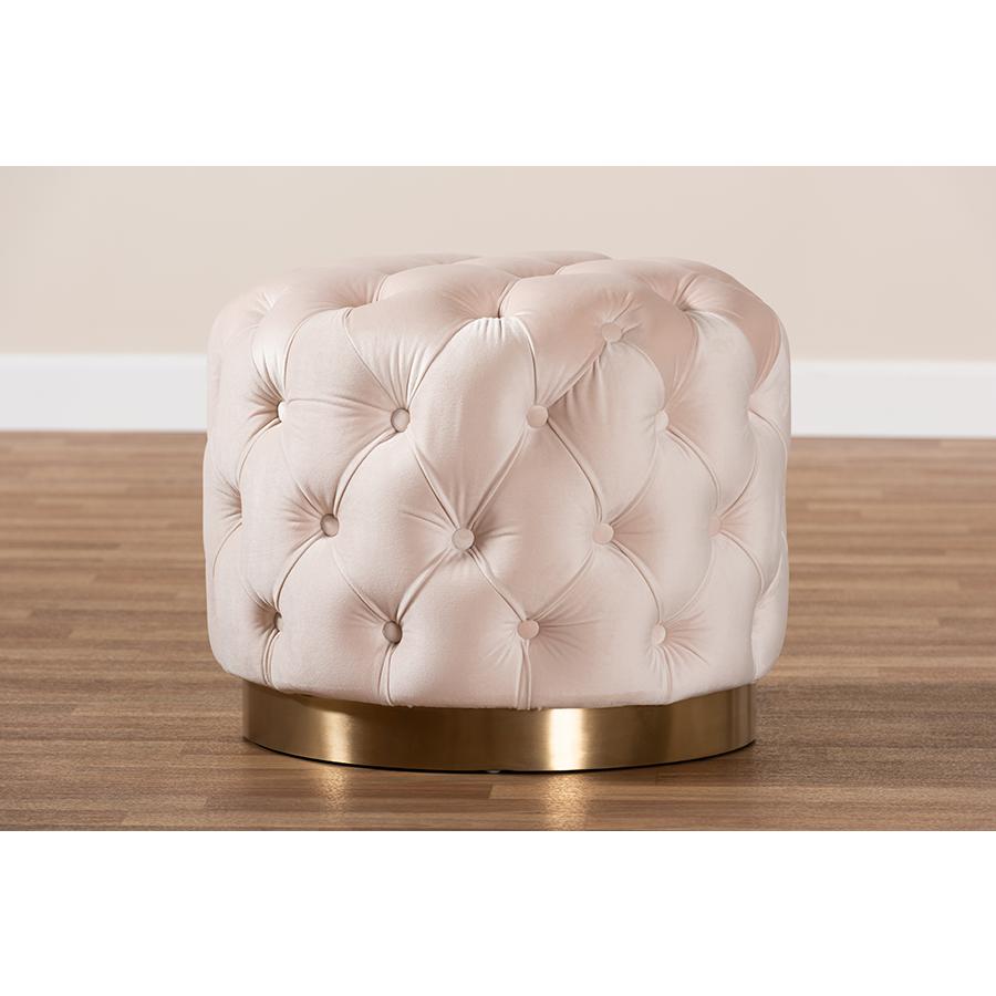 Baxton Studio Valeria Glam Light Beige Velvet Fabric Upholstered Gold-Finished Button Tufted Ottoman. Picture 5