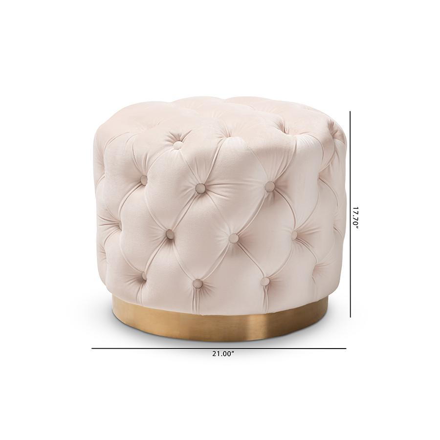 Baxton Studio Valeria Glam Light Beige Velvet Fabric Upholstered Gold-Finished Button Tufted Ottoman. Picture 6