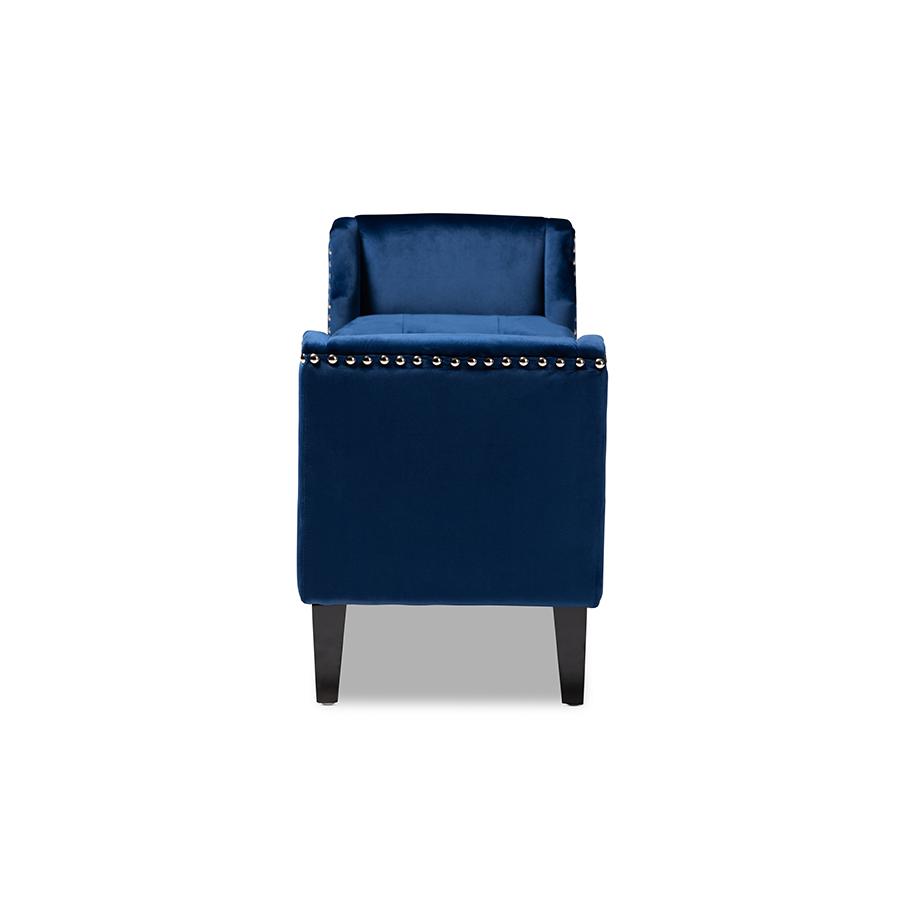 Baxton Studio Perret Modern and Contemporary Royal Blue Velvet Fabric Upholstered Espresso Finished Wood Bench. Picture 4