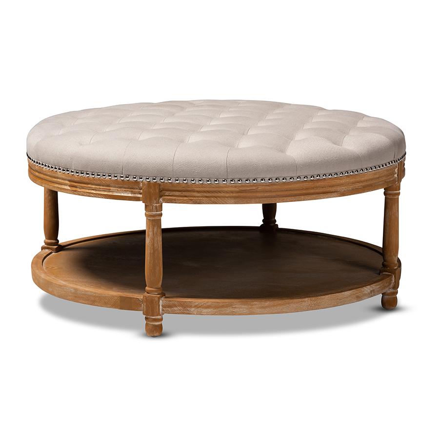 Baxton Studio Ambroise French Provincial Beige Linen Fabric Upholstered and White-Washed Oak Wood Button-Tufted Cocktail Ottoman with Shelf. Picture 2