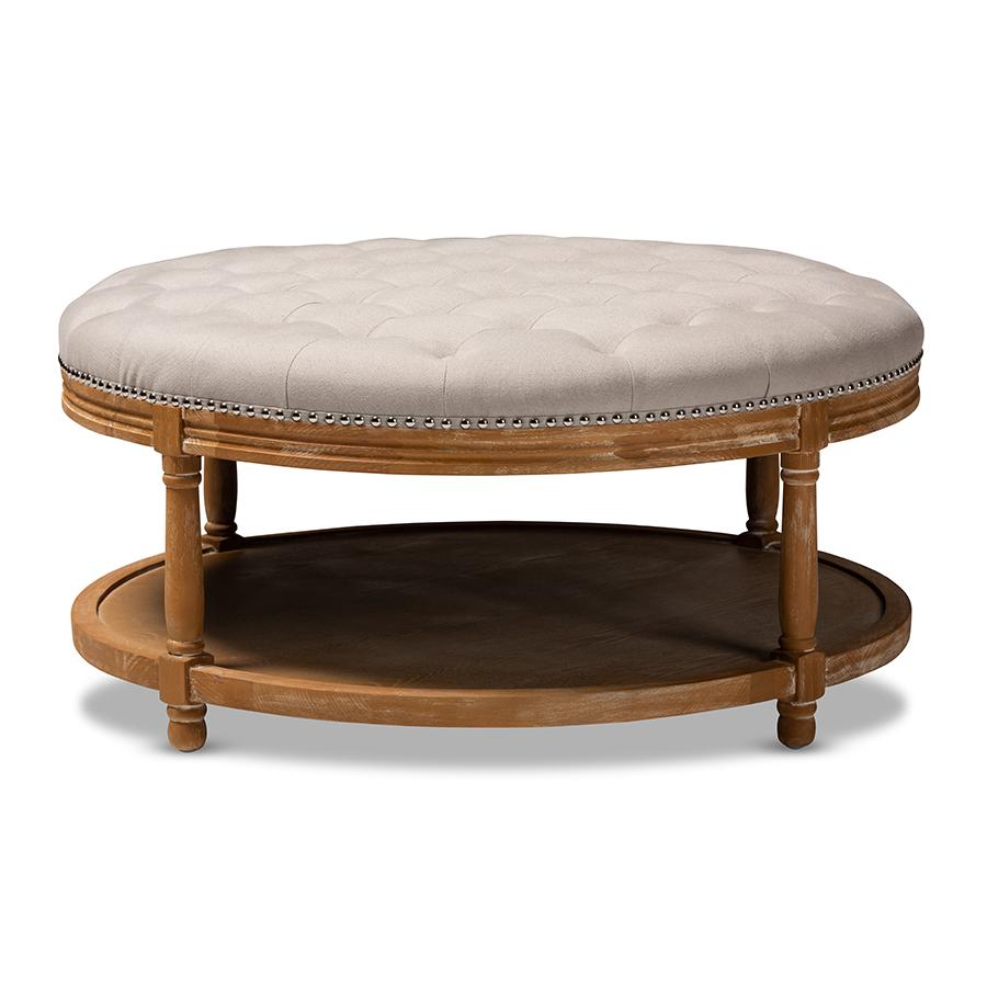 Baxton Studio Ambroise French Provincial Beige Linen Fabric Upholstered and White-Washed Oak Wood Button-Tufted Cocktail Ottoman with Shelf. Picture 3