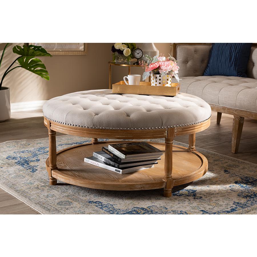 Baxton Studio Ambroise French Provincial Beige Linen Fabric Upholstered and White-Washed Oak Wood Button-Tufted Cocktail Ottoman with Shelf. Picture 1