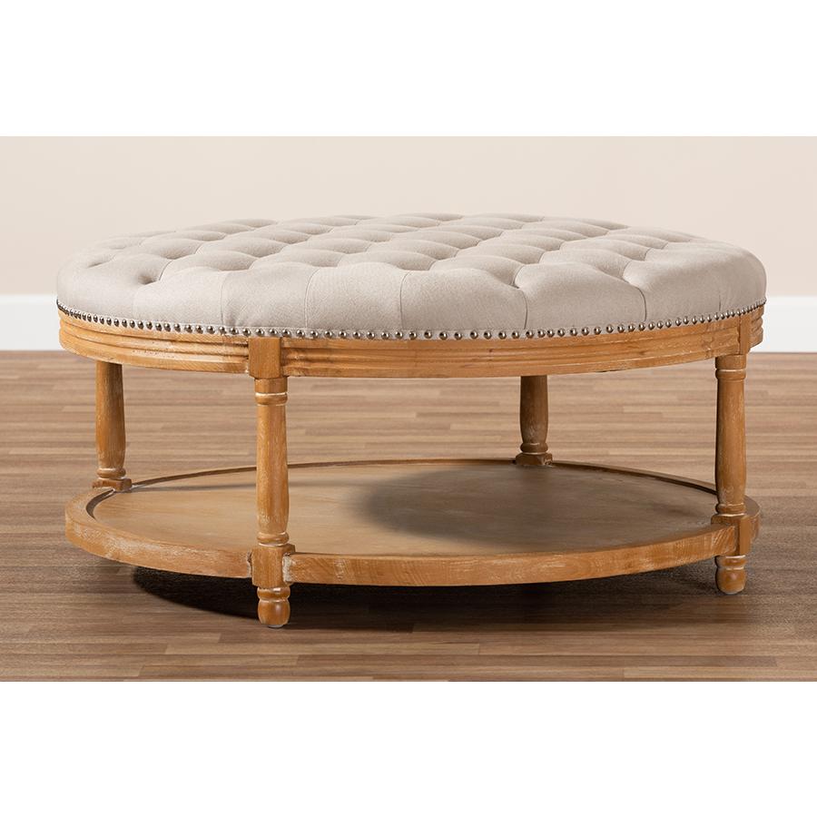 Baxton Studio Ambroise French Provincial Beige Linen Fabric Upholstered and White-Washed Oak Wood Button-Tufted Cocktail Ottoman with Shelf. Picture 7