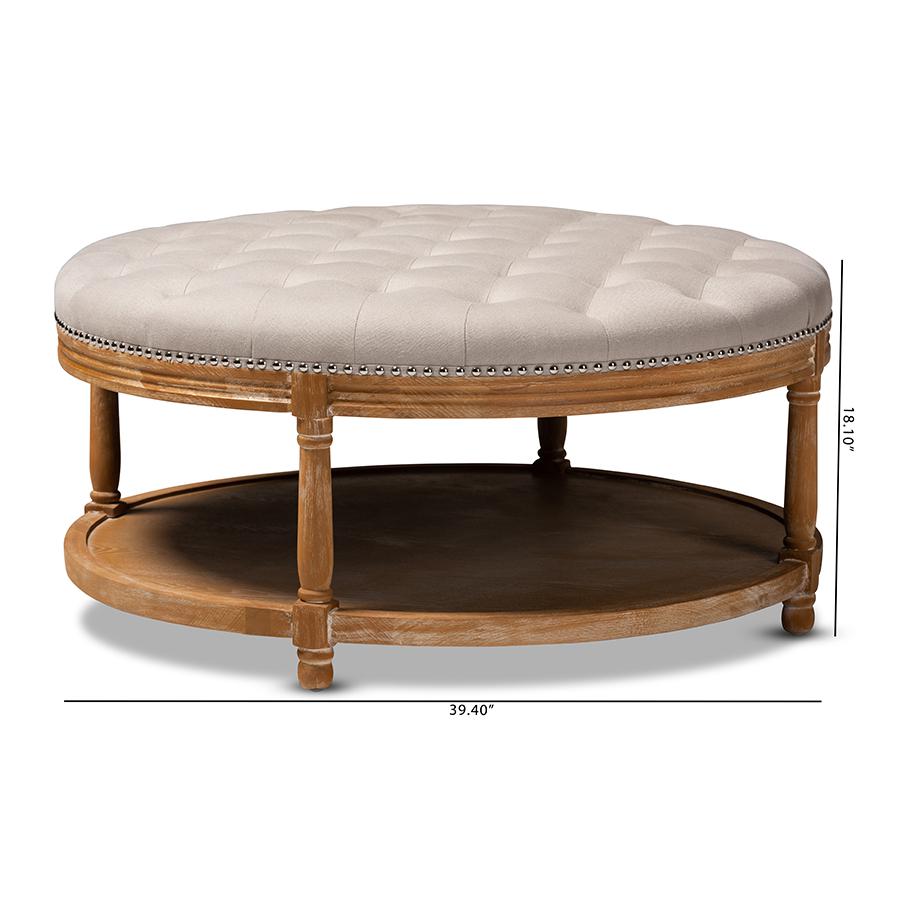 Baxton Studio Ambroise French Provincial Beige Linen Fabric Upholstered and White-Washed Oak Wood Button-Tufted Cocktail Ottoman with Shelf. Picture 8