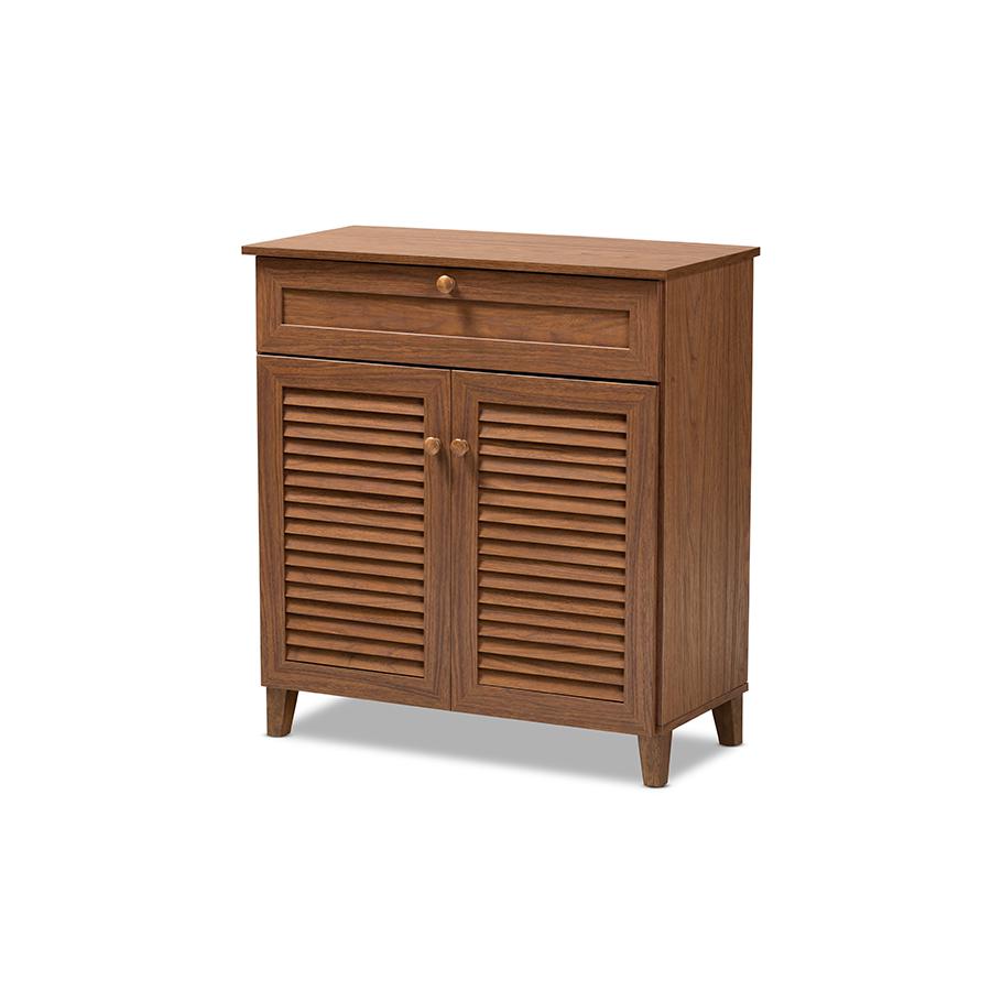 Baxton Studio Coolidge Modern and Contemporary Walnut Finished 4-Shelf Wood Shoe Storage Cabinet with Drawer. Picture 1