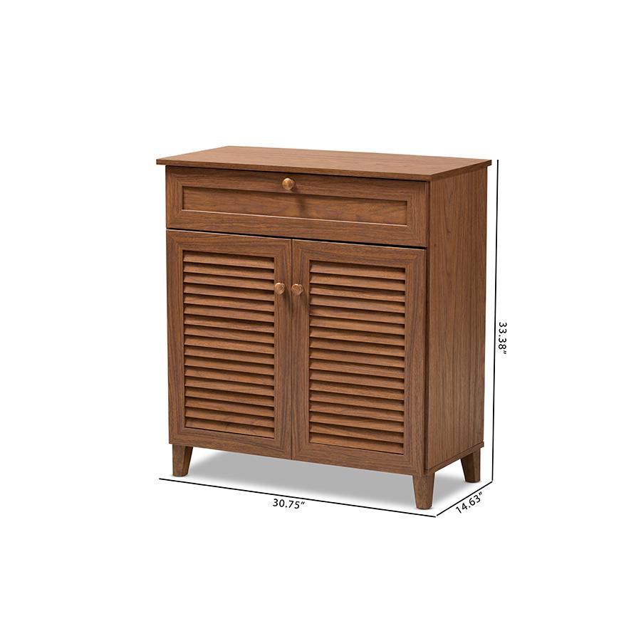 Baxton Studio Coolidge Modern and Contemporary Walnut Finished 4-Shelf Wood Shoe Storage Cabinet with Drawer. Picture 10