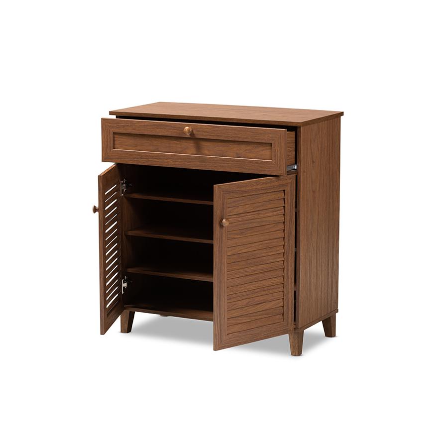 Baxton Studio Coolidge Modern and Contemporary Walnut Finished 4-Shelf Wood Shoe Storage Cabinet with Drawer. Picture 2