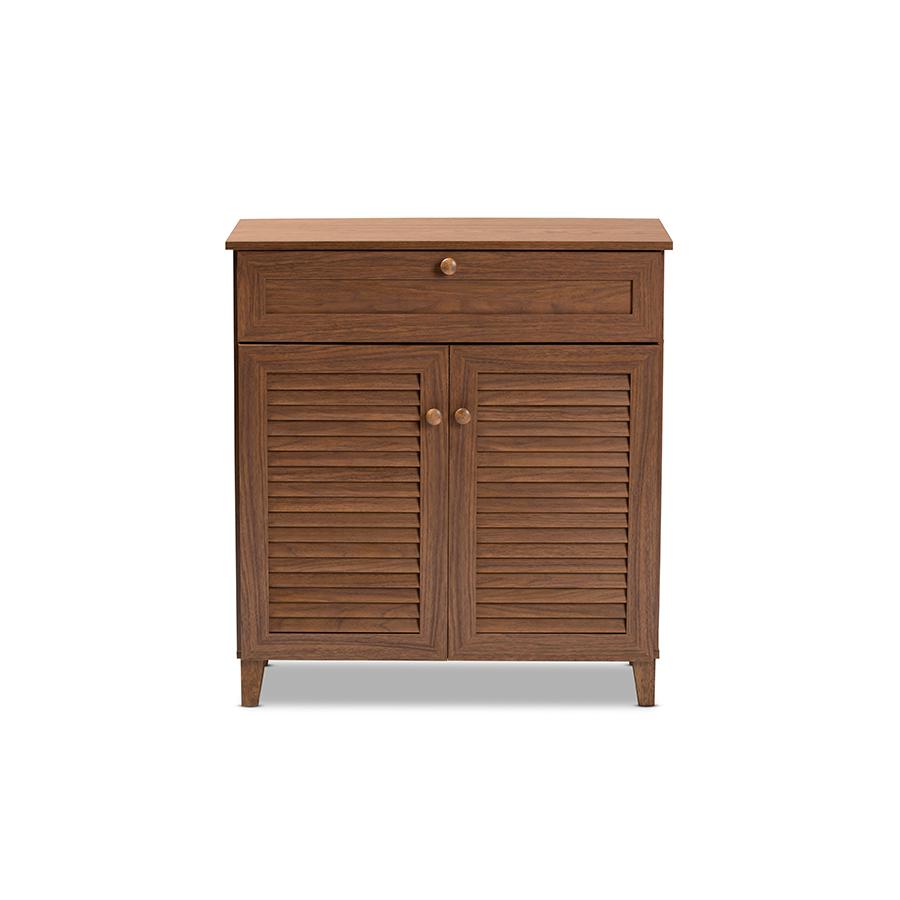 Baxton Studio Coolidge Modern and Contemporary Walnut Finished 4-Shelf Wood Shoe Storage Cabinet with Drawer. Picture 3