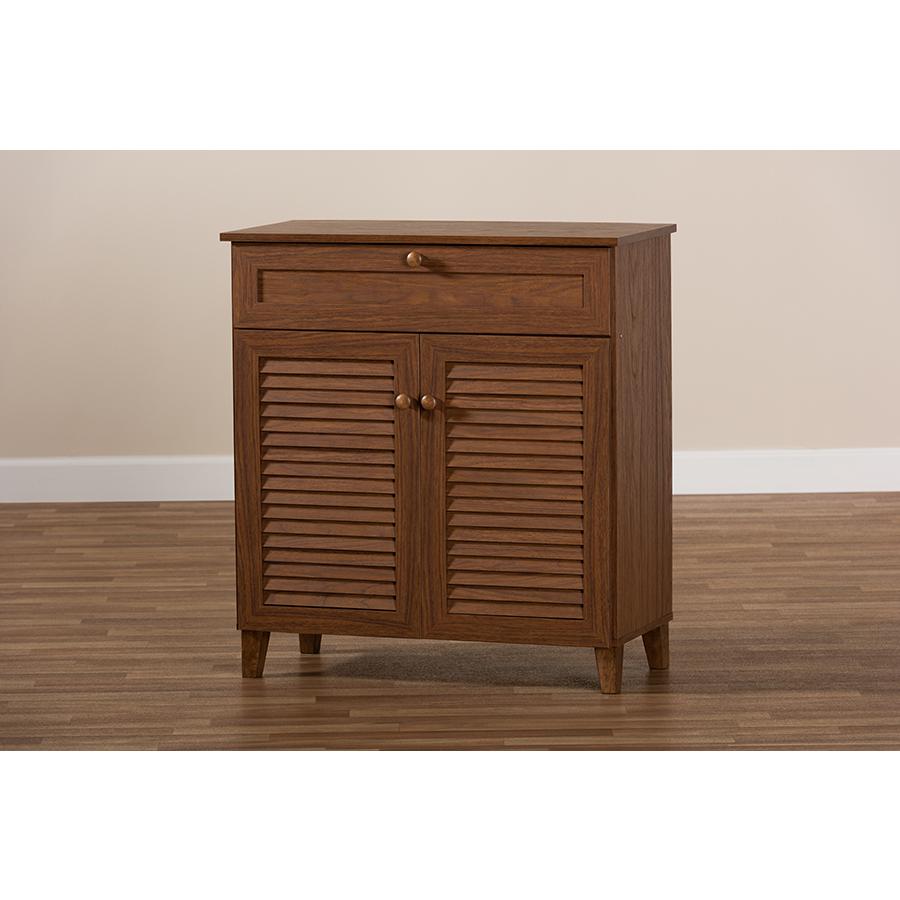 Walnut Finished 4-Shelf Wood Shoe Storage Cabinet with Drawer. Picture 9