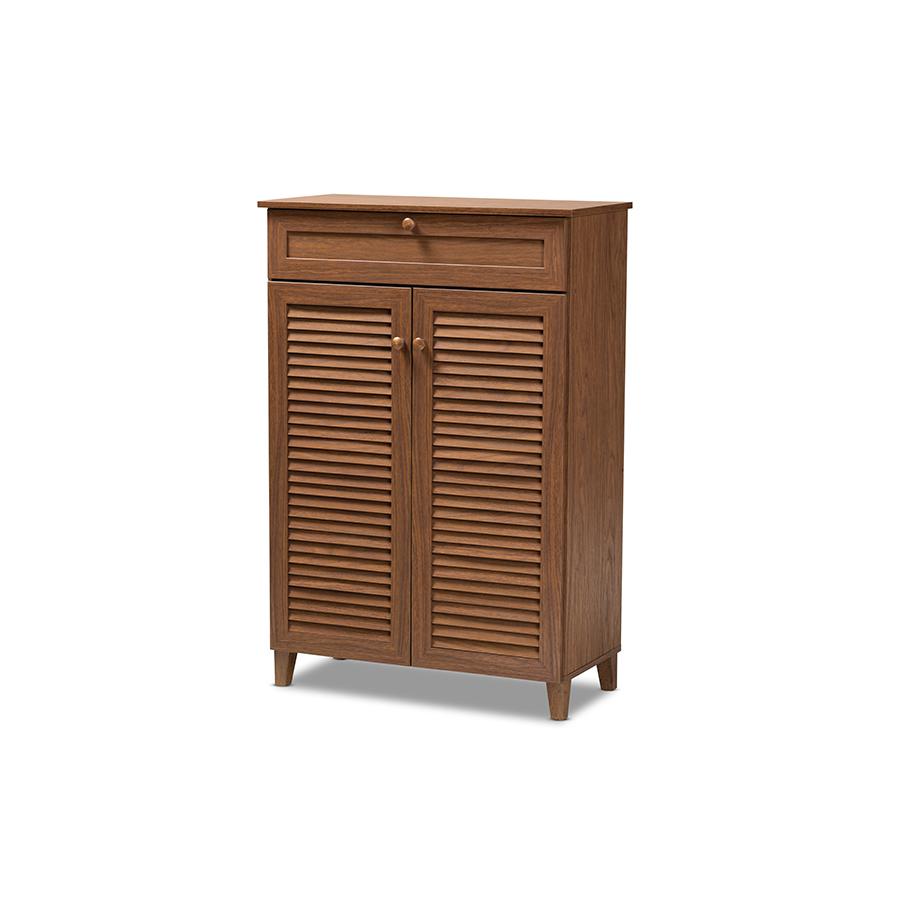 Baxton Studio Coolidge Modern and Contemporary Walnut Finished 5-Shelf Wood Shoe Storage Cabinet with Drawer. Picture 1