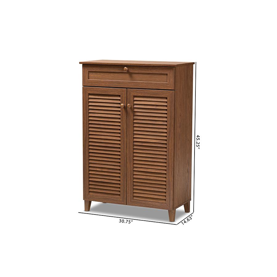 Baxton Studio Coolidge Modern and Contemporary Walnut Finished 5-Shelf Wood Shoe Storage Cabinet with Drawer. Picture 10
