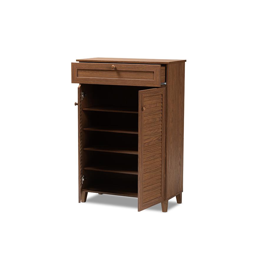 Baxton Studio Coolidge Modern and Contemporary Walnut Finished 5-Shelf Wood Shoe Storage Cabinet with Drawer. Picture 2