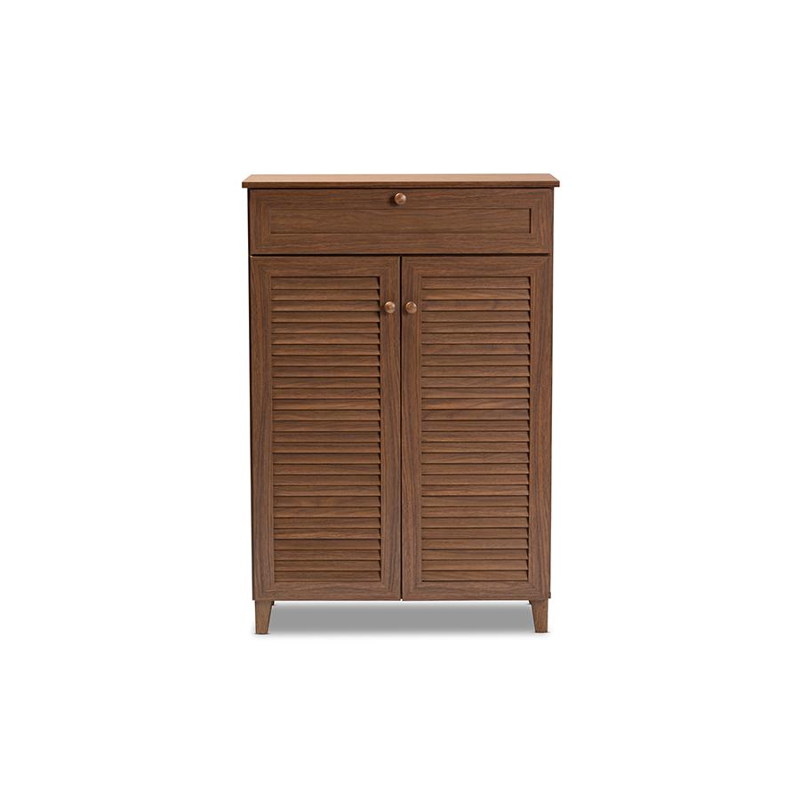Baxton Studio Coolidge Modern and Contemporary Walnut Finished 5-Shelf Wood Shoe Storage Cabinet with Drawer. Picture 3