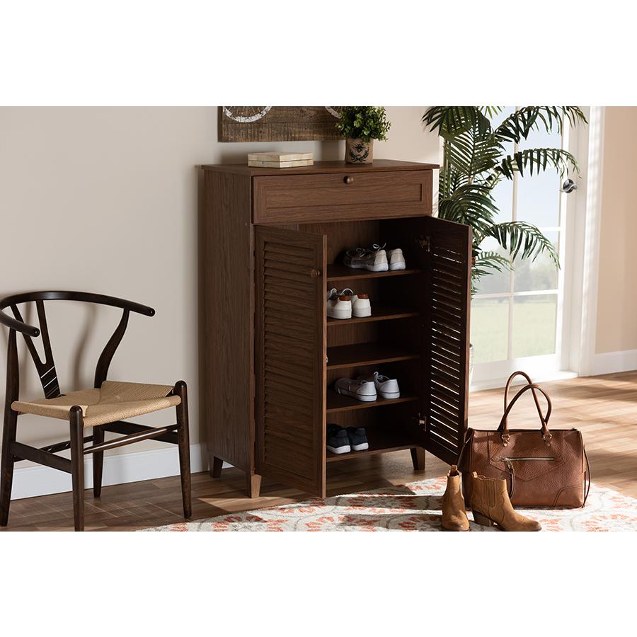 Baxton Studio Coolidge Modern and Contemporary Walnut Finished 5-Shelf Wood Shoe Storage Cabinet with Drawer. Picture 8