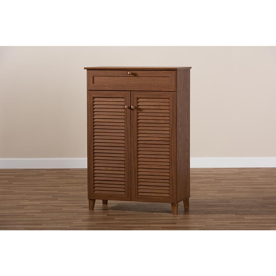 Baxton Studio Coolidge Modern and Contemporary Walnut Finished 5-Shelf Wood Shoe Storage Cabinet with Drawer. Picture 9