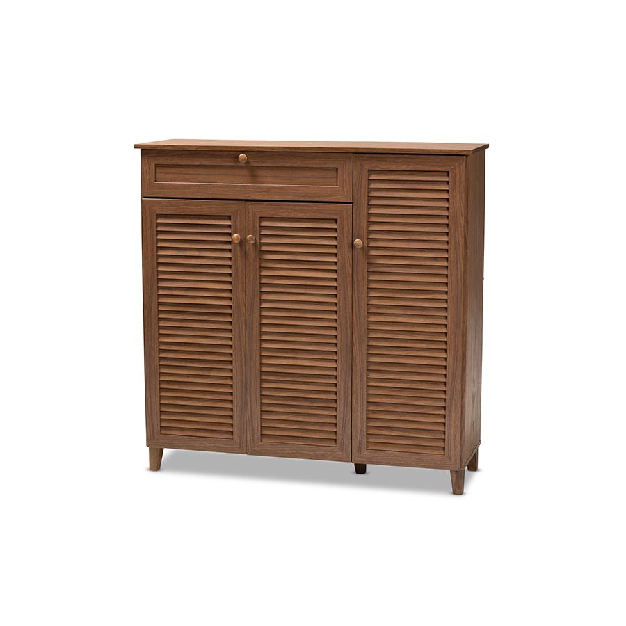 Baxton Studio Coolidge Modern and Contemporary Walnut Finished 11-Shelf Wood Shoe Storage Cabinet with Drawer. Picture 1
