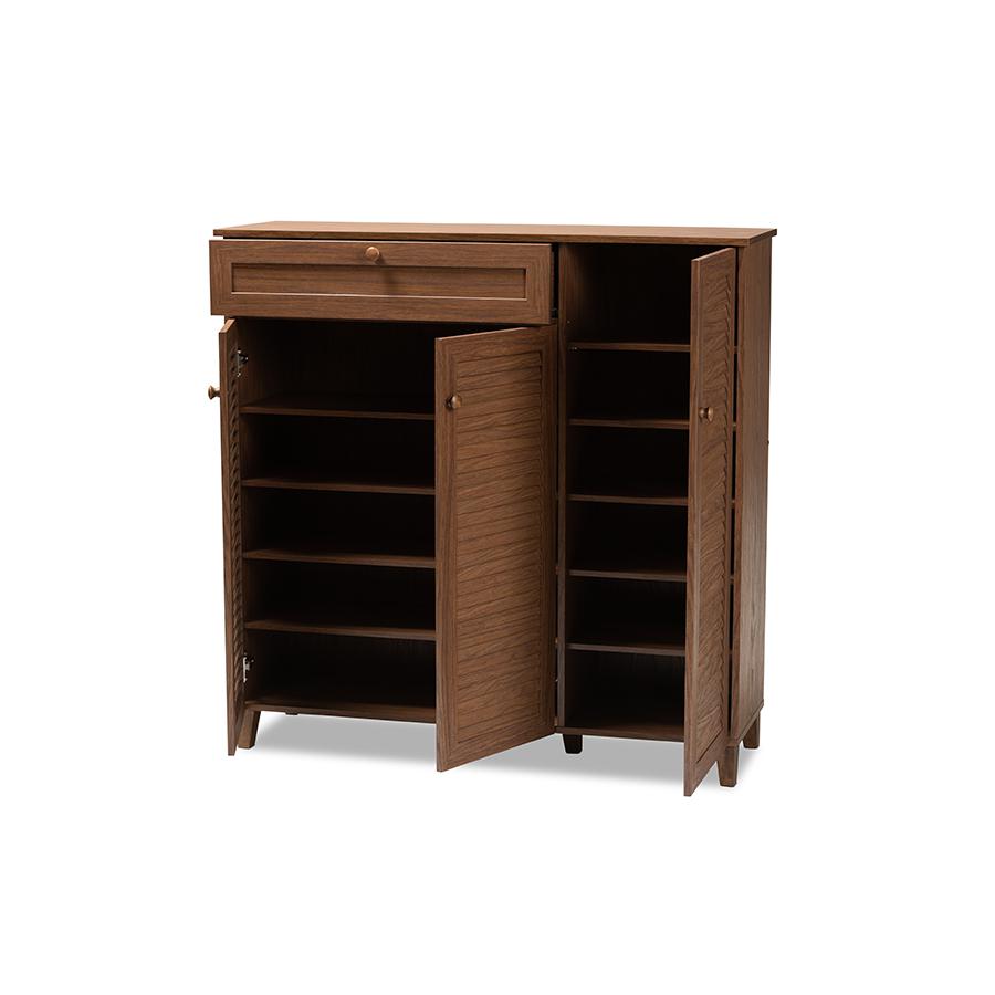 Walnut Finished 11-Shelf Wood Shoe Storage Cabinet with Drawer. Picture 2