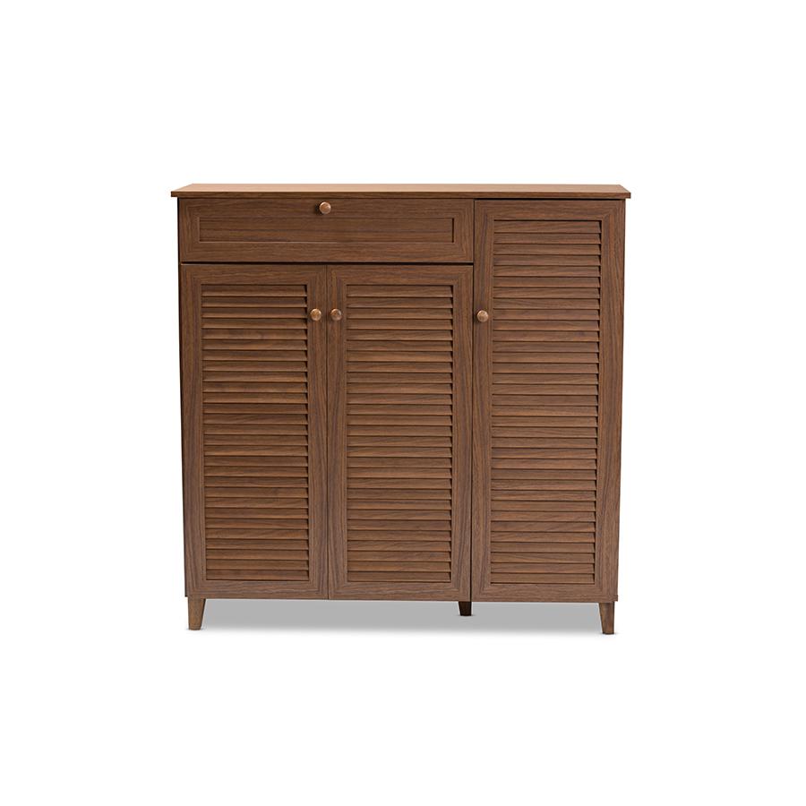 Baxton Studio Coolidge Modern and Contemporary Walnut Finished 11-Shelf Wood Shoe Storage Cabinet with Drawer. Picture 3