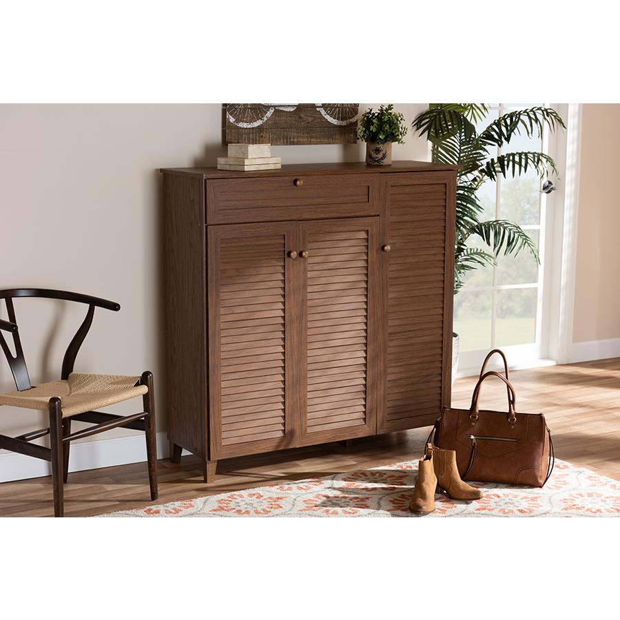 Baxton Studio Coolidge Modern and Contemporary Walnut Finished 11-Shelf Wood Shoe Storage Cabinet with Drawer. Picture 7