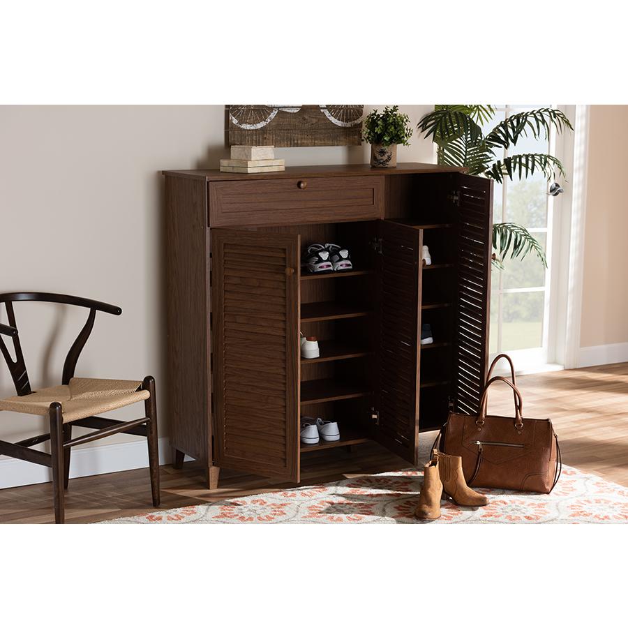 Baxton Studio Coolidge Modern and Contemporary Walnut Finished 11-Shelf Wood Shoe Storage Cabinet with Drawer. Picture 8