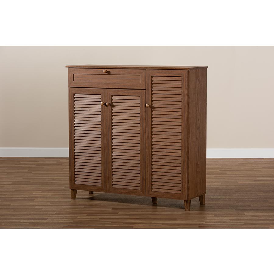 Baxton Studio Coolidge Modern and Contemporary Walnut Finished 11-Shelf Wood Shoe Storage Cabinet with Drawer. Picture 9
