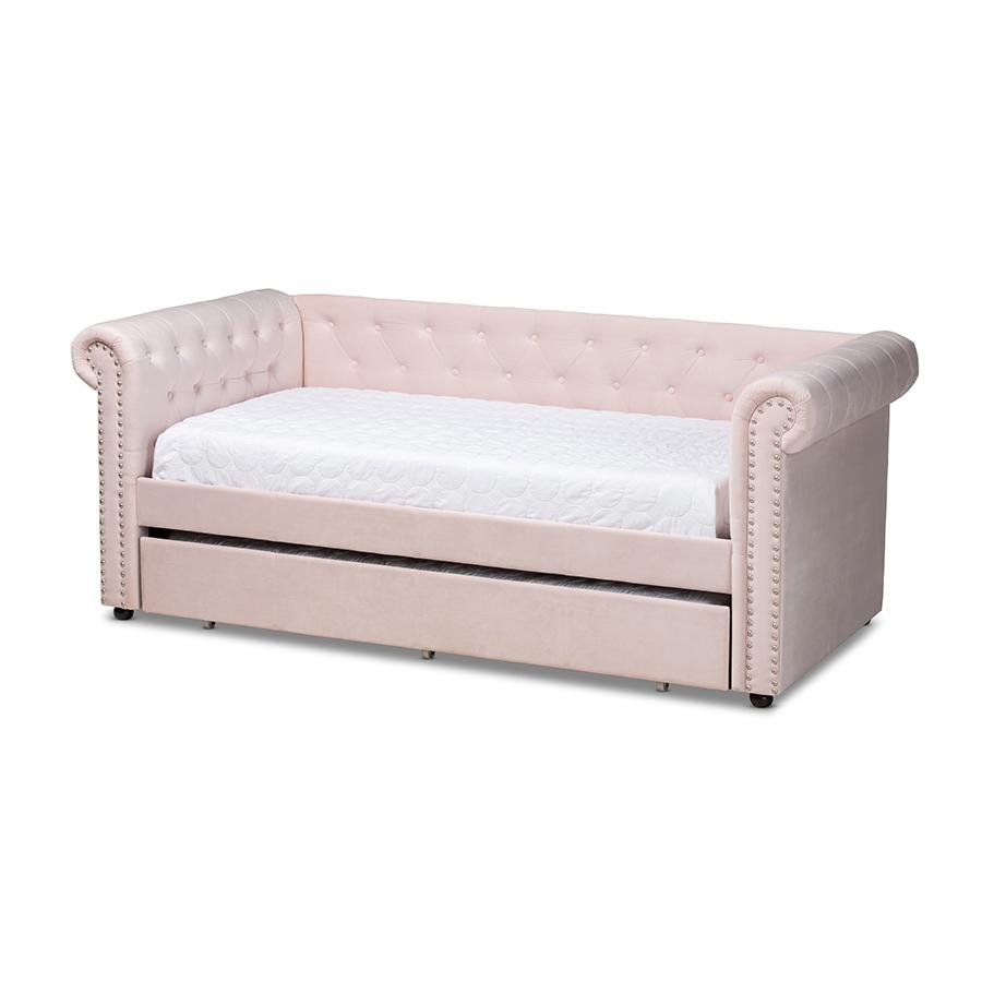 Light Pink Velvet Upholstered Daybed with Trundle. Picture 1