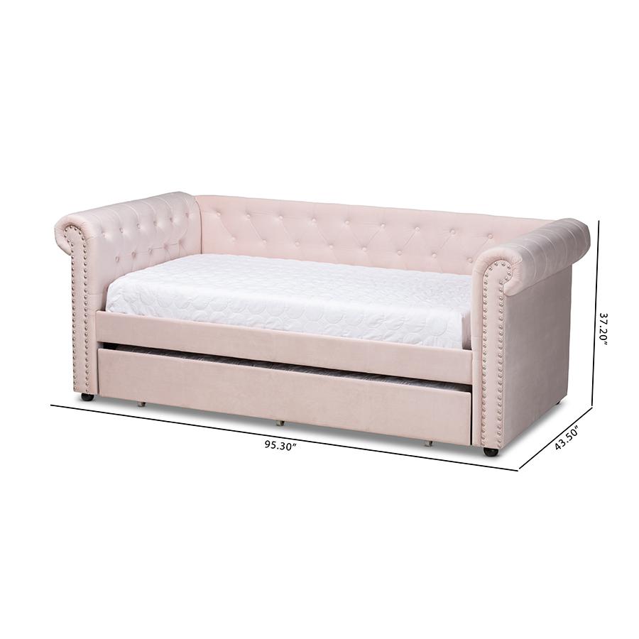 Baxton Studio Mabelle Modern and Contemporary Light Pink Velvet Upholstered Daybed with Trundle. Picture 11
