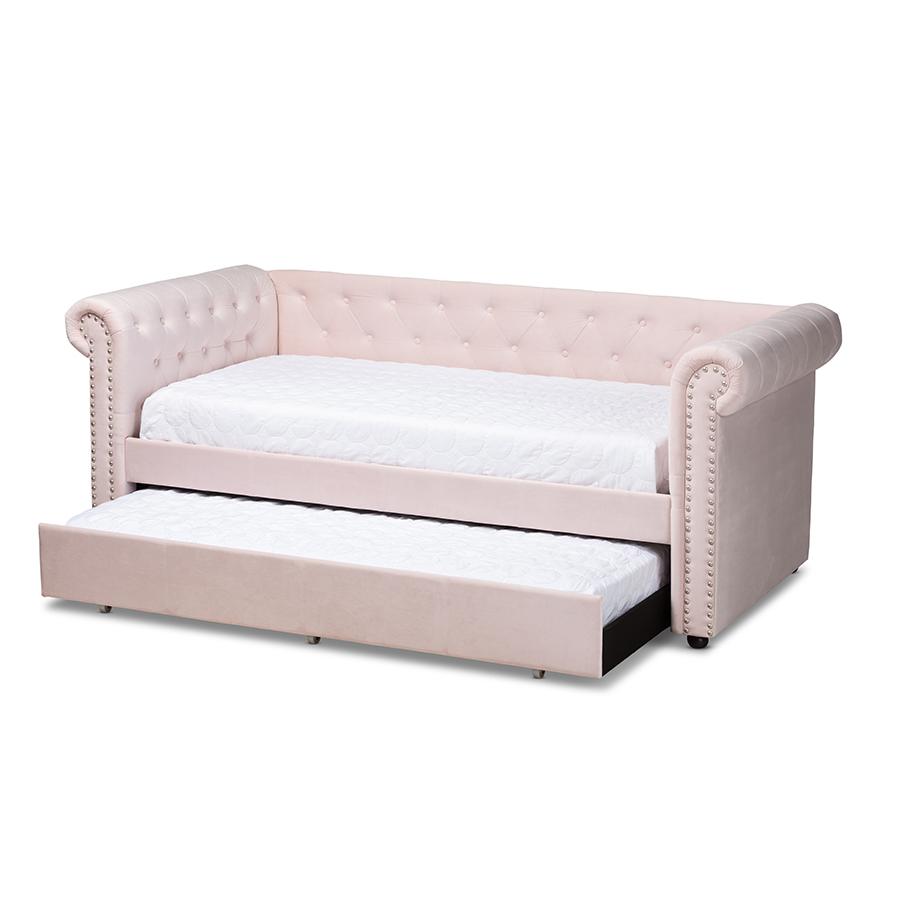 Baxton Studio Mabelle Modern and Contemporary Light Pink Velvet Upholstered Daybed with Trundle. Picture 3