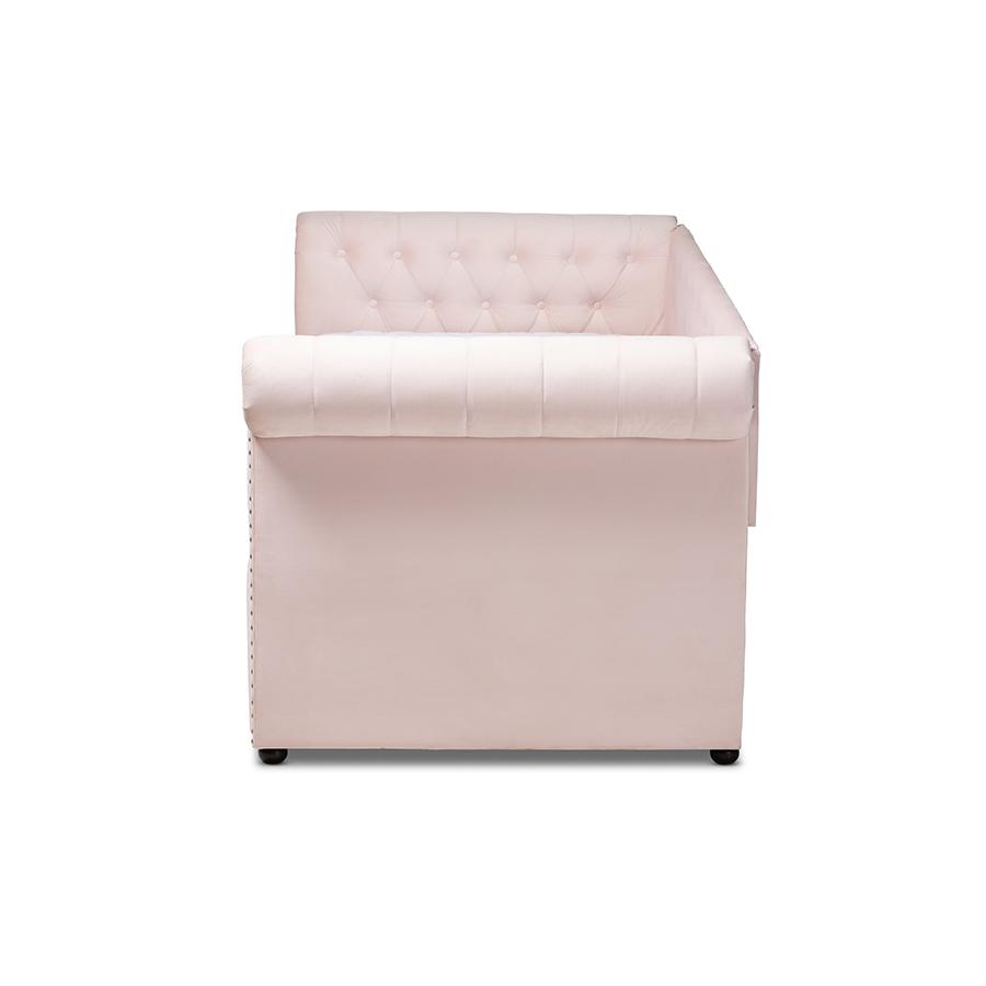 Light Pink Velvet Upholstered Daybed with Trundle. Picture 3