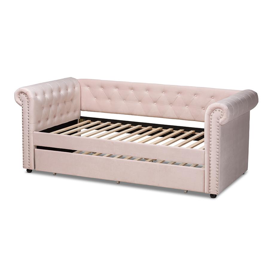 Baxton Studio Mabelle Modern and Contemporary Light Pink Velvet Upholstered Daybed with Trundle. Picture 5