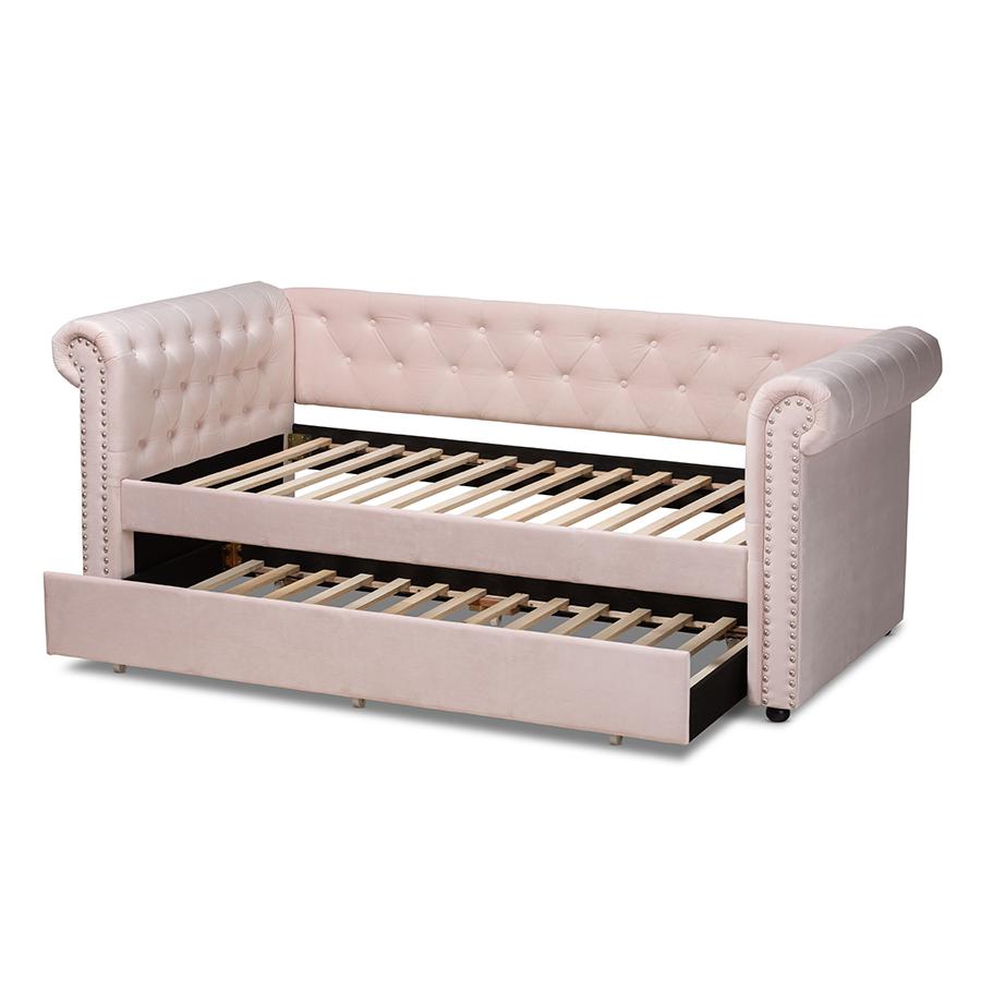 Baxton Studio Mabelle Modern and Contemporary Light Pink Velvet Upholstered Daybed with Trundle. Picture 6