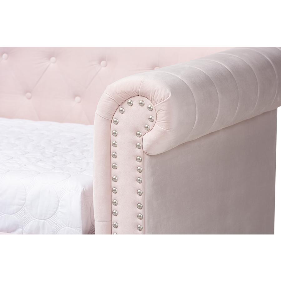 Baxton Studio Mabelle Modern and Contemporary Light Pink Velvet Upholstered Daybed with Trundle. Picture 7