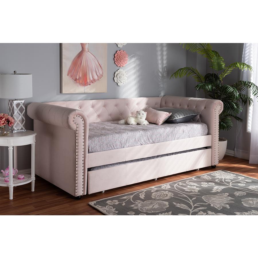 Light Pink Velvet Upholstered Daybed with Trundle. Picture 7