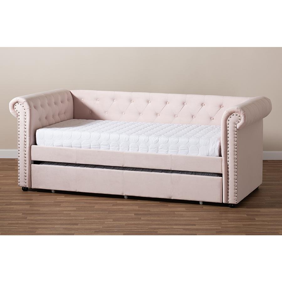 Baxton Studio Mabelle Modern and Contemporary Light Pink Velvet Upholstered Daybed with Trundle. Picture 10