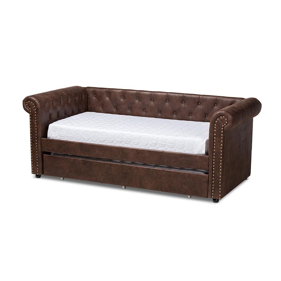 Baxton Studio Mabelle Modern and Contemporary Brown Faux Leather Upholstered Daybed with Trundle. Picture 2