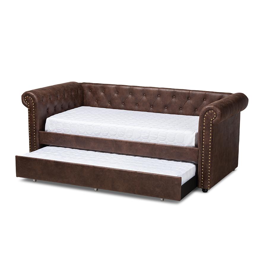 Baxton Studio Mabelle Modern and Contemporary Brown Faux Leather Upholstered Daybed with Trundle. Picture 3