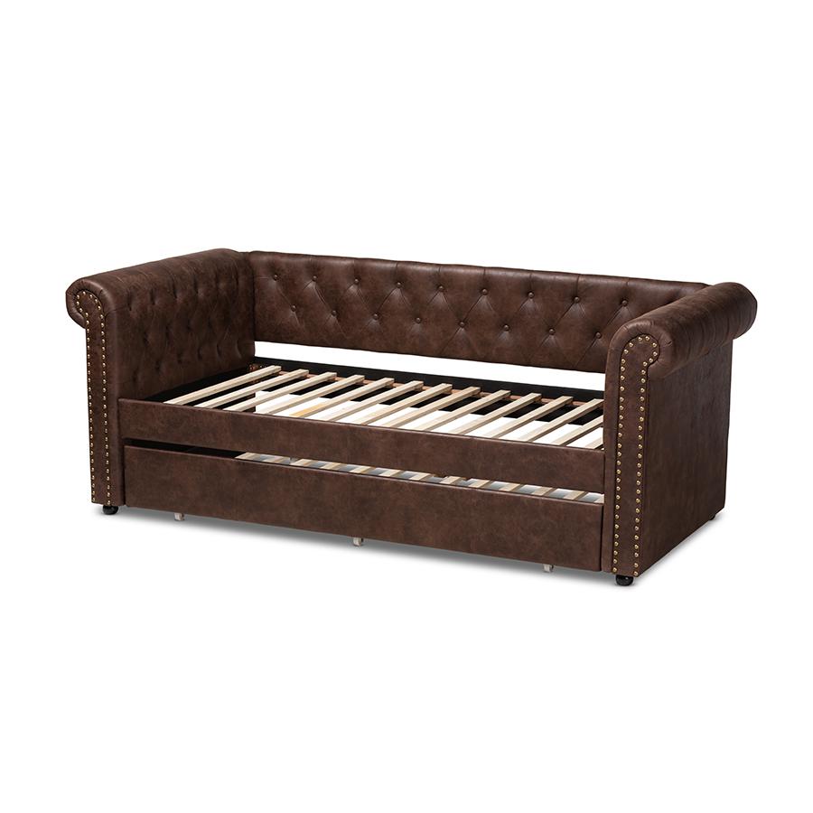 Baxton Studio Mabelle Modern and Contemporary Brown Faux Leather Upholstered Daybed with Trundle. Picture 5