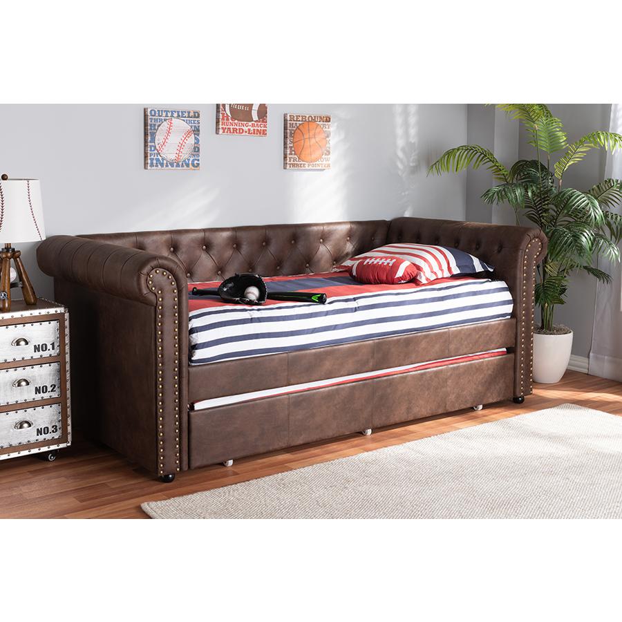 Baxton Studio Mabelle Modern and Contemporary Brown Faux Leather Upholstered Daybed with Trundle. Picture 8