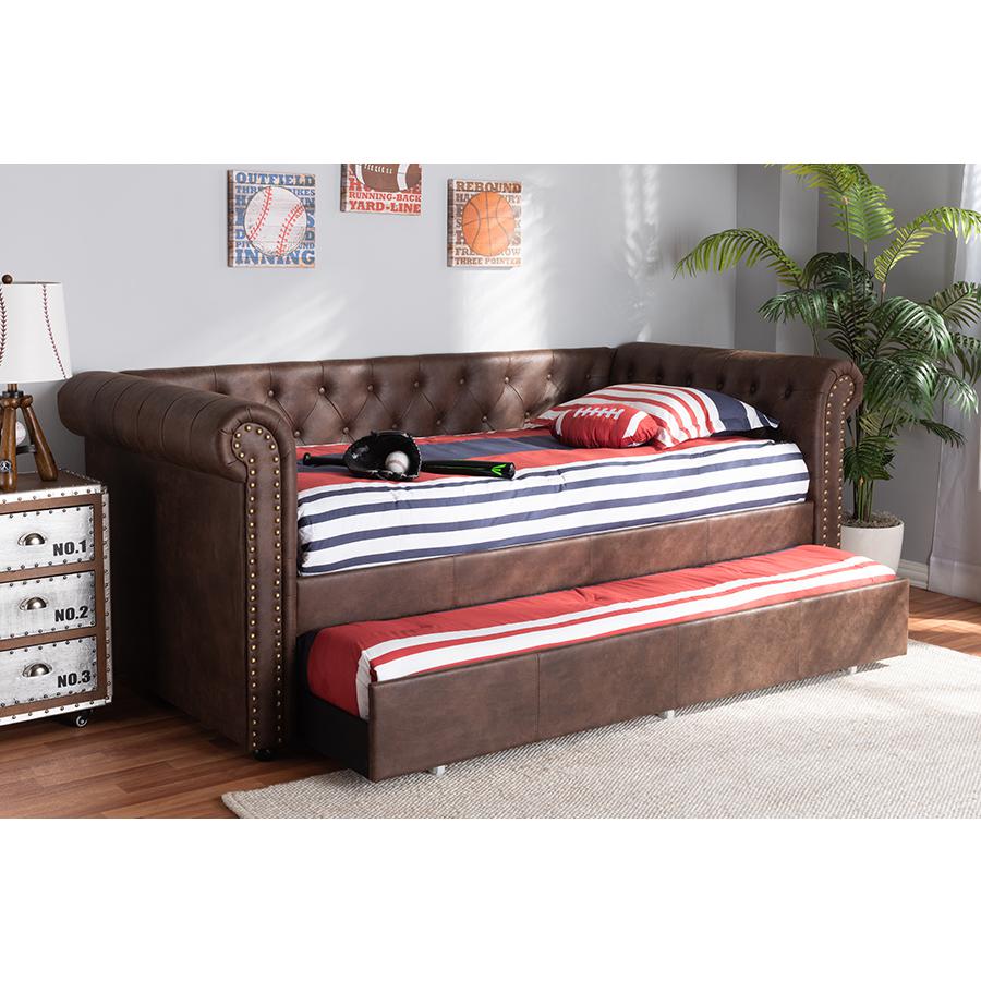 Baxton Studio Mabelle Modern and Contemporary Brown Faux Leather Upholstered Daybed with Trundle. Picture 1