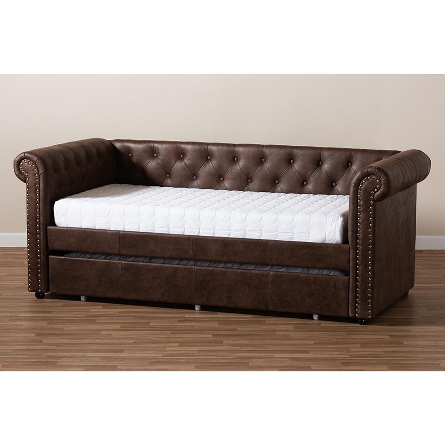 Baxton Studio Mabelle Modern and Contemporary Brown Faux Leather Upholstered Daybed with Trundle. Picture 10
