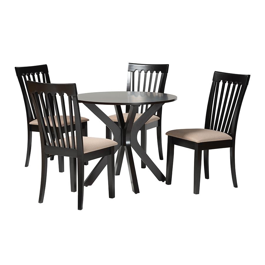 Lore Modern Sand Fabric and Dark Brown Finished Wood 5-Piece Dining Set. Picture 1