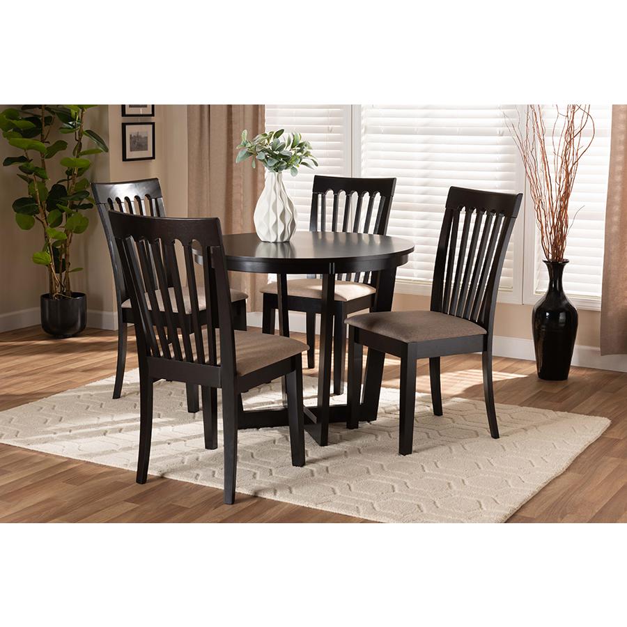 Sand Fabric Upholstered and Dark Brown Finished Wood 5-Piece Dining Set. Picture 7