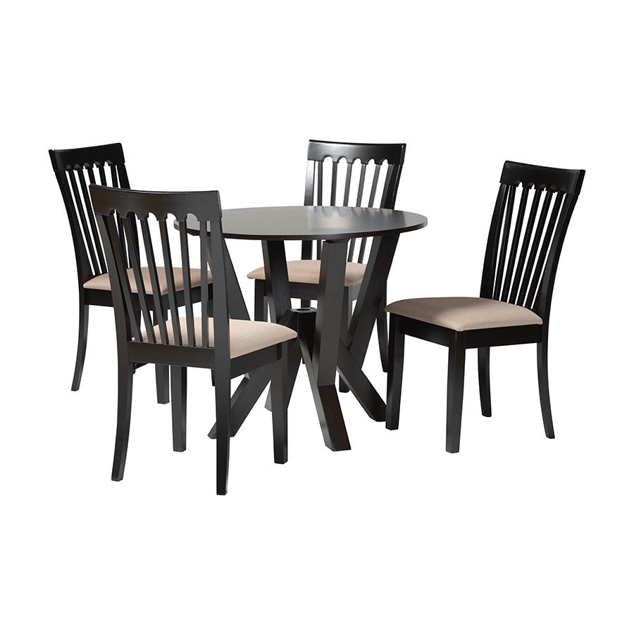 Marian Modern Sand Fabric and Dark Brown Finished Wood 5-Piece Dining Set. Picture 1