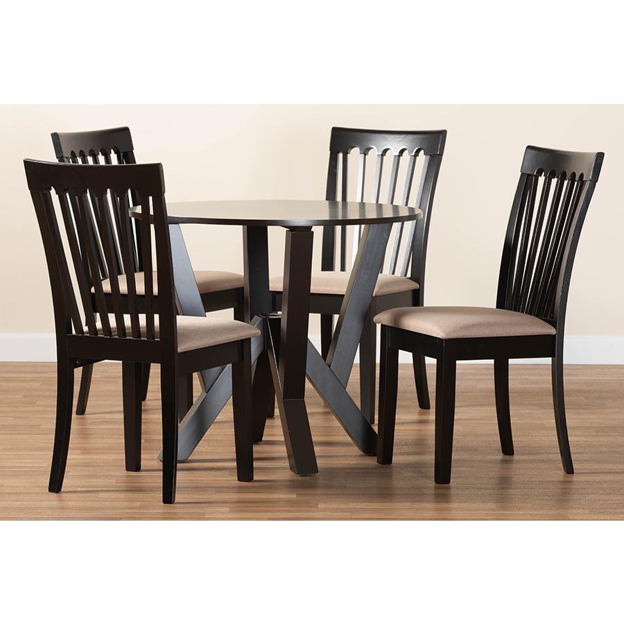 Marian Modern Sand Fabric and Dark Brown Finished Wood 5-Piece Dining Set. Picture 9