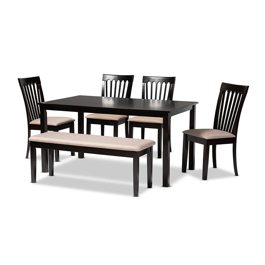 Modern and contemporary Sand Fabric Upholstered and Dark Brown Finished Wood 6Piece Dining Set. The main picture.