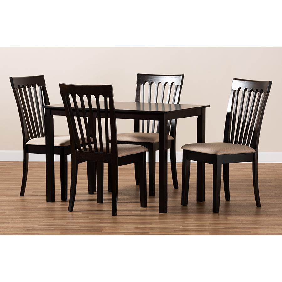 Baxton Studio Minette Modern and Contemporary Sand Fabric Upholstered Espresso Brown Finished Wood 5-Piece Dining Set. Picture 5