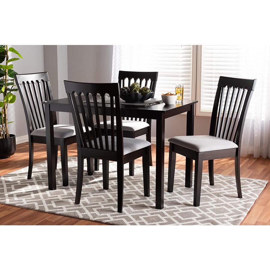 Baxton Studio Minette Modern and Contemporary Gray Fabric Upholstered Espresso Brown Finished Wood 5-Piece Dining Set. Picture 1